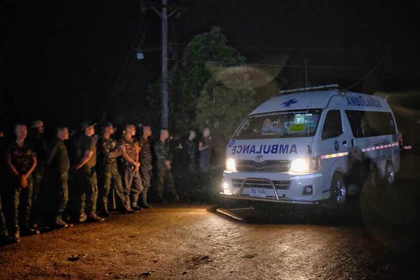 CHIANG RAI, THAILAND - JULY 8: Ambulances transport boys rescued from Tham Luang Nang Non...