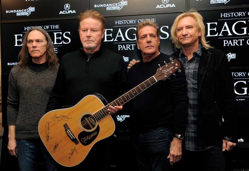 FILE - Members of The Eagles, from left, Timothy B. Schmit, Don Henley, Glenn Frey and Joe...