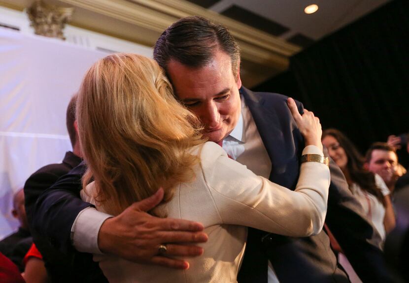 Sen. Ted Cruz, R-Texas, embraced his wife, Heidi Cruz, as he claimed victory over Beto...