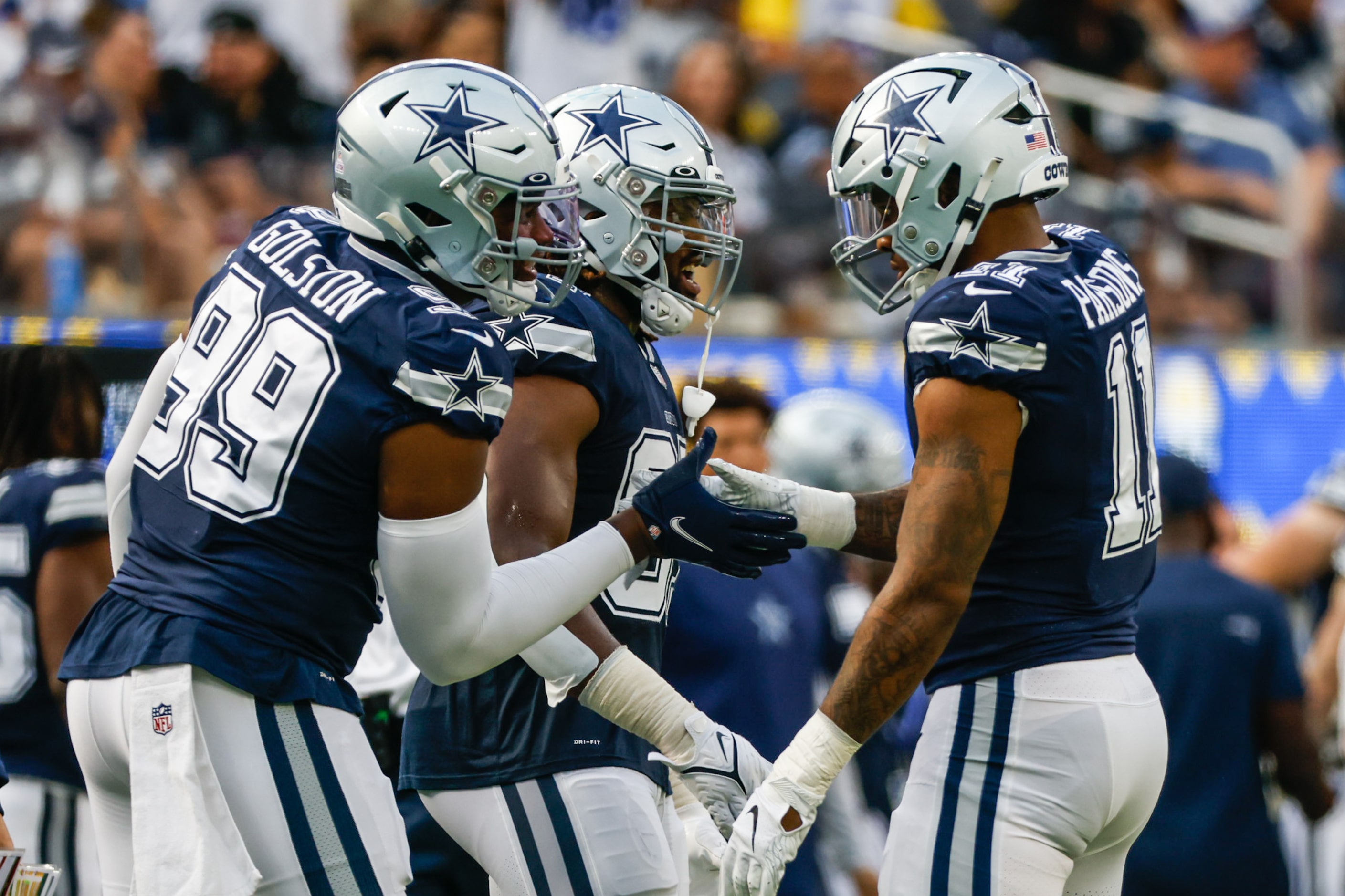 Dallas Cowboys linebacker Micah Parsons (11) celebrates a sack on Los Angeles Rams...