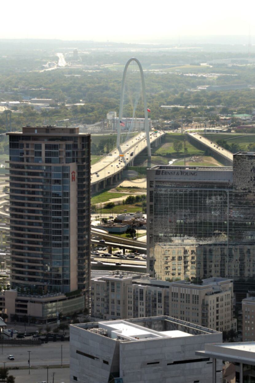 Overall view of The Margaret Hunt Hill Bridge from Museum Tower in Dallas, TX on October 23,...