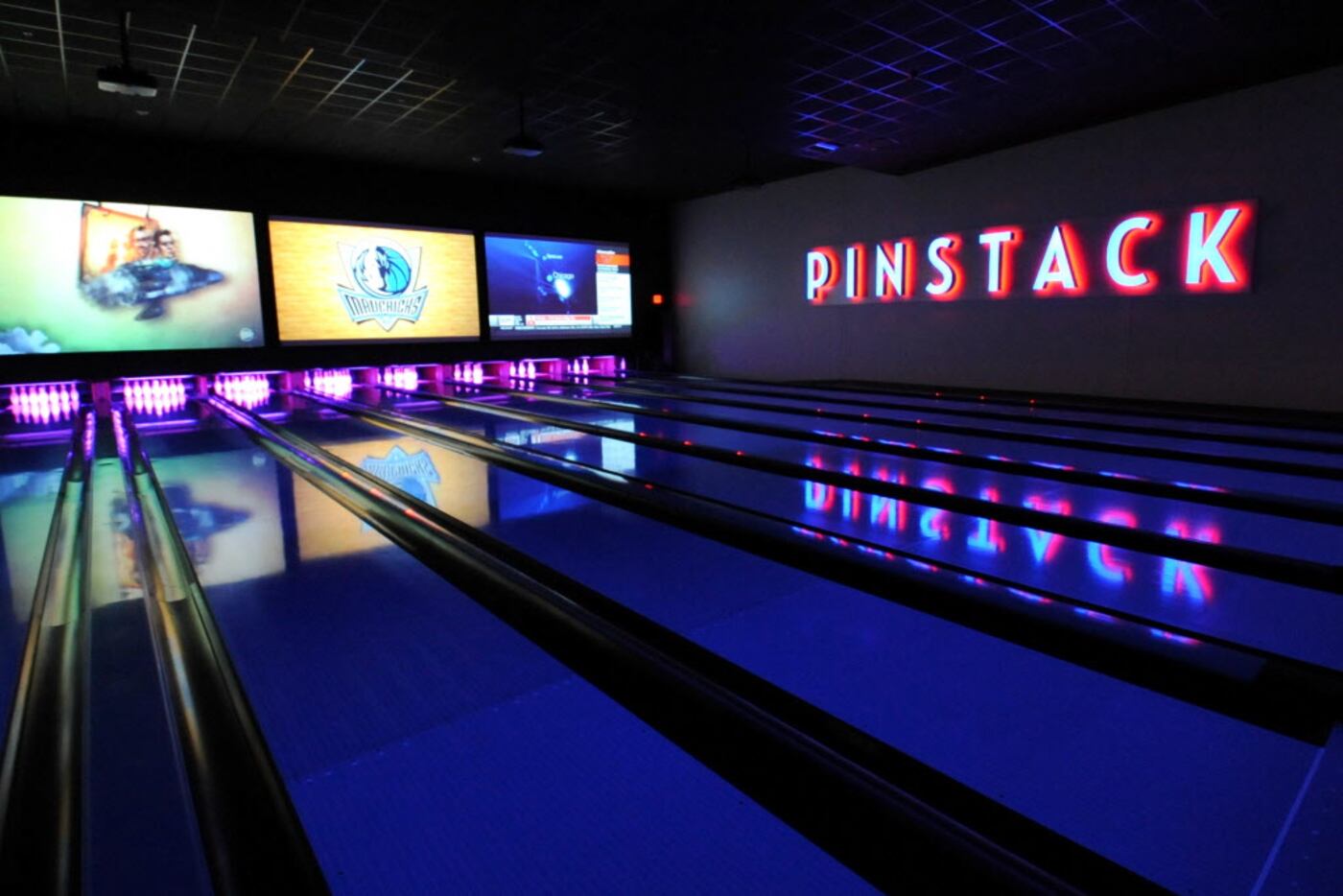 The VIP bowling alley room features eight lanes at Pinstack in Plano, TX on February 4, 2015.
