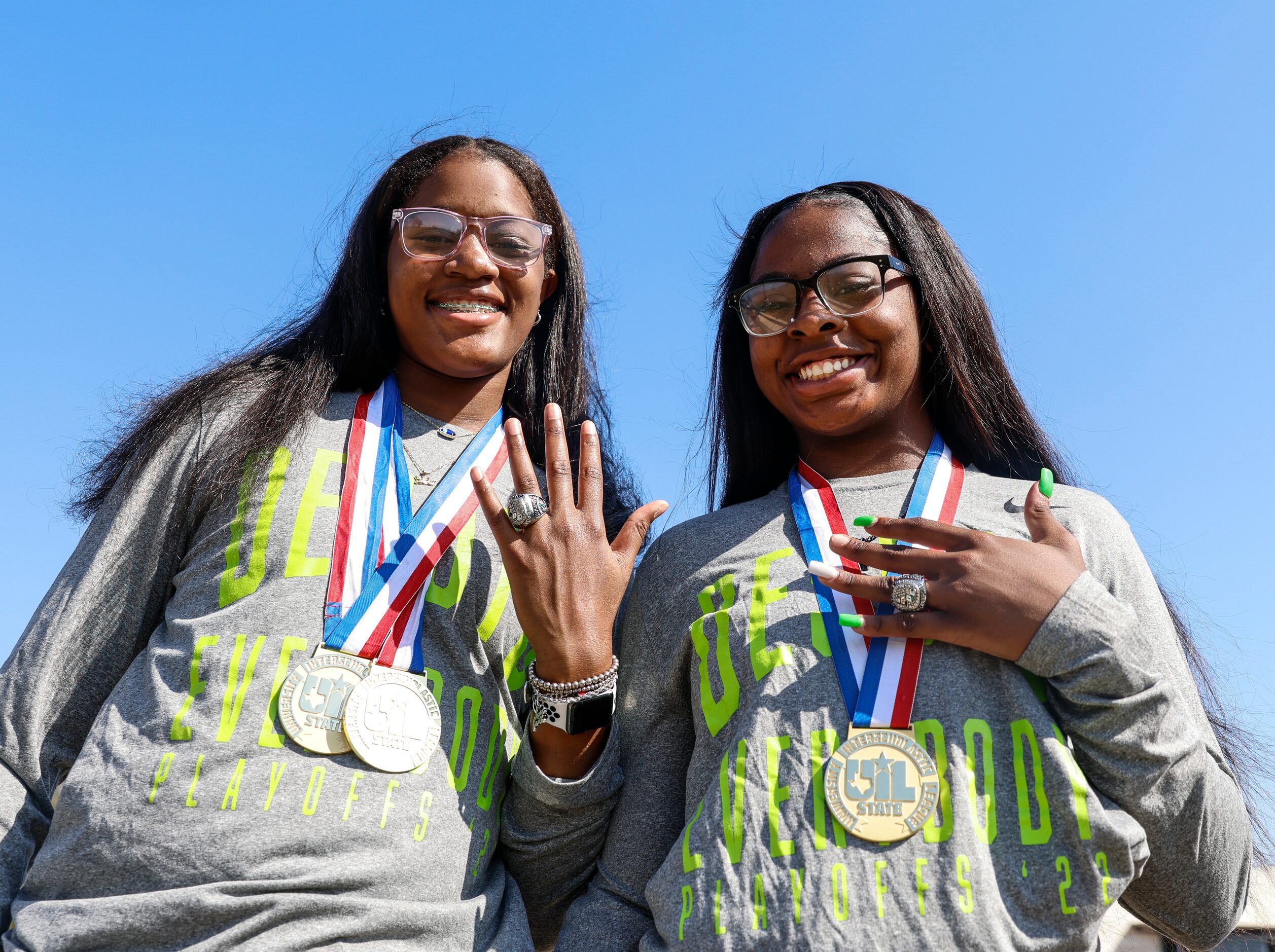 DeSoto High School girls varsity basketball players Ayanna Thompson, 17, and Jamie Harris,...