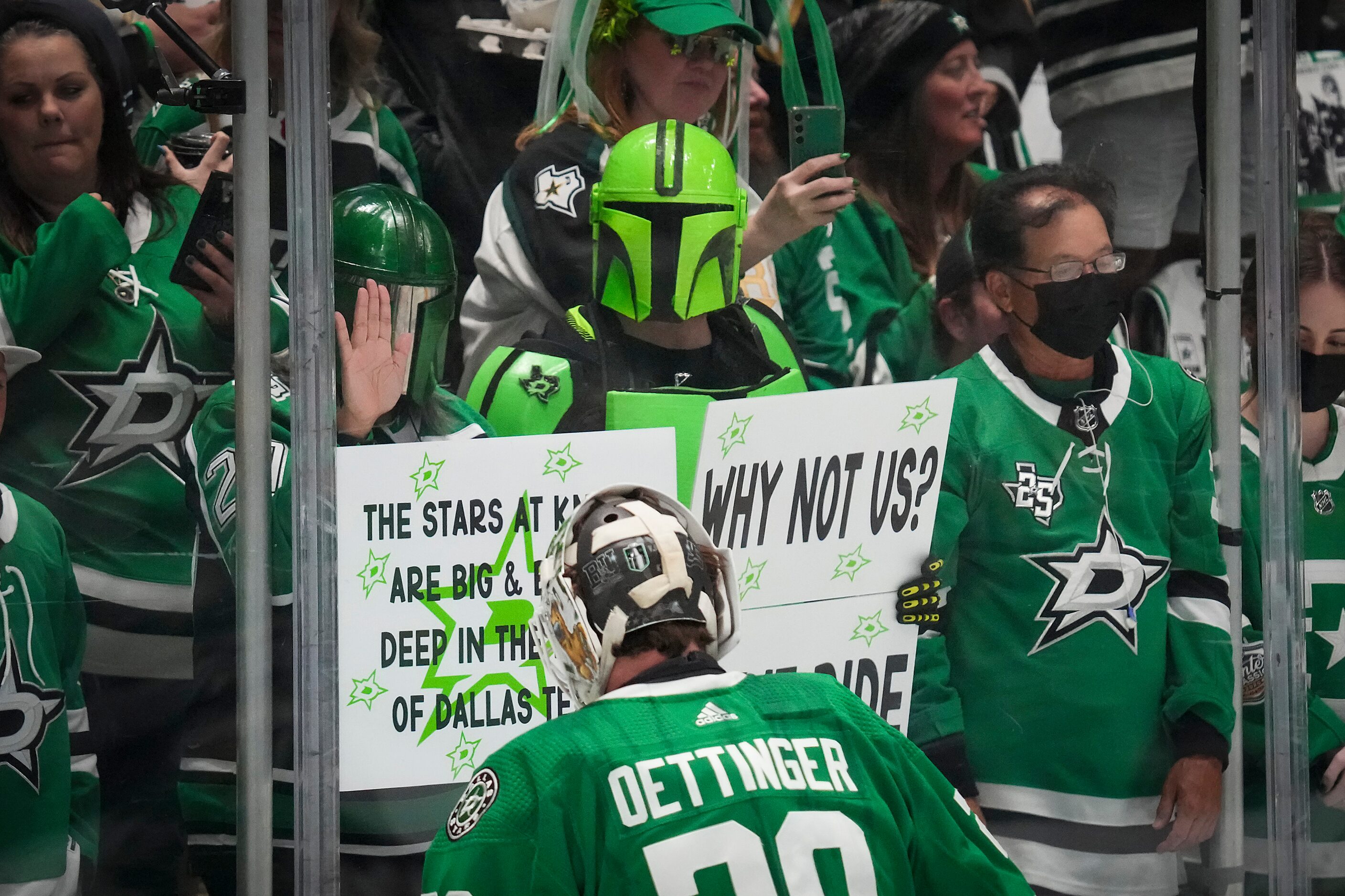 Fans cheer Dallas Stars goaltender Jake Oettinger as the team warms up before Game 6 of the...