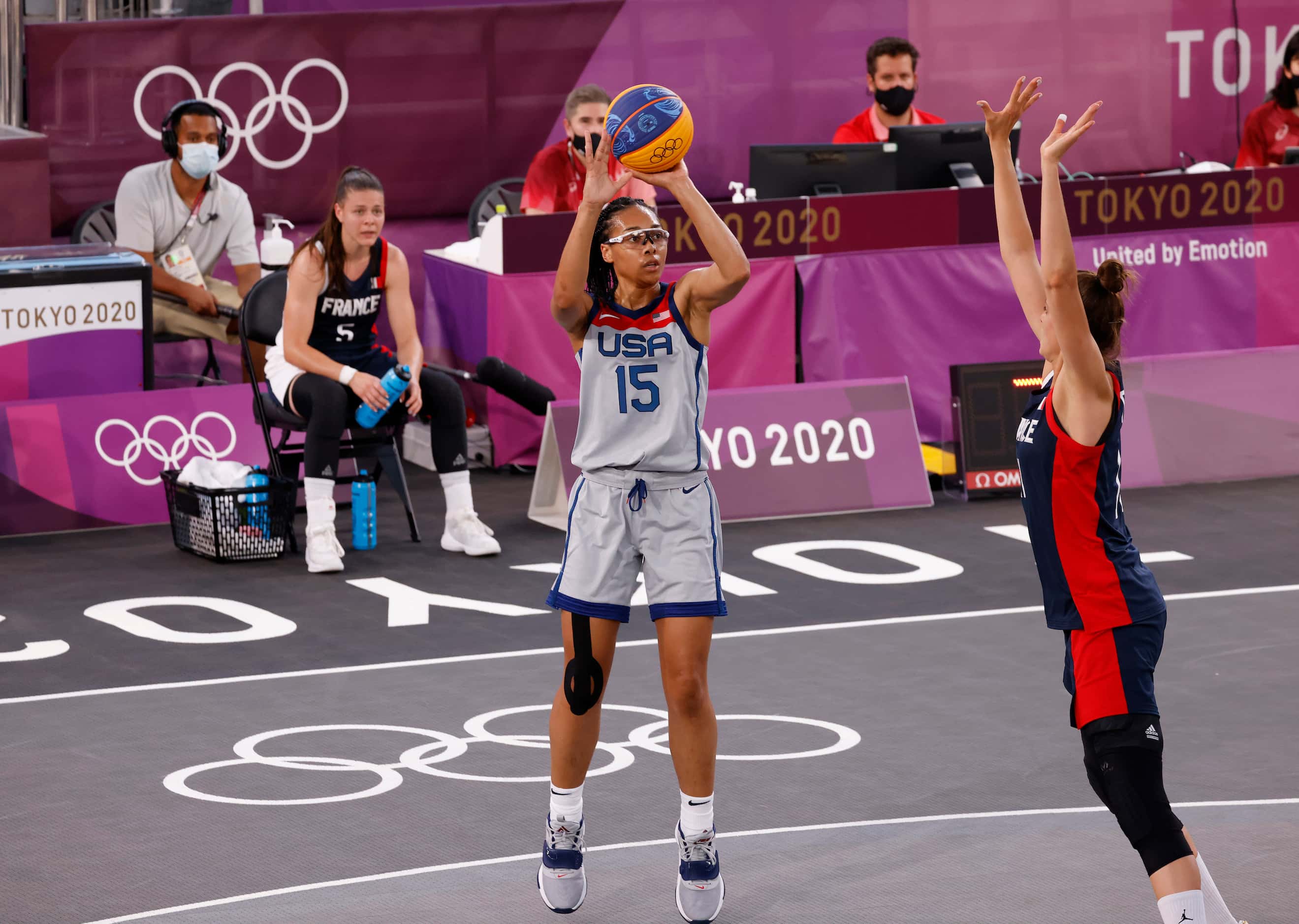 USA’s Allisha Gray (15) shoots in front of France’s Ana Maria Filip (11) in a 3x3 women’s...