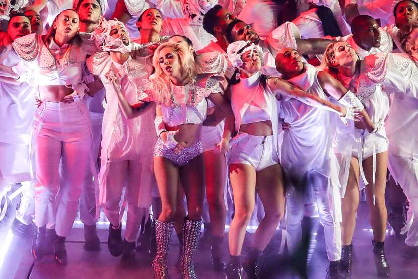 Lady Gaga performs during the half time show of Super Bowl LI on Sunday, Feb. 5, 2017 at the...