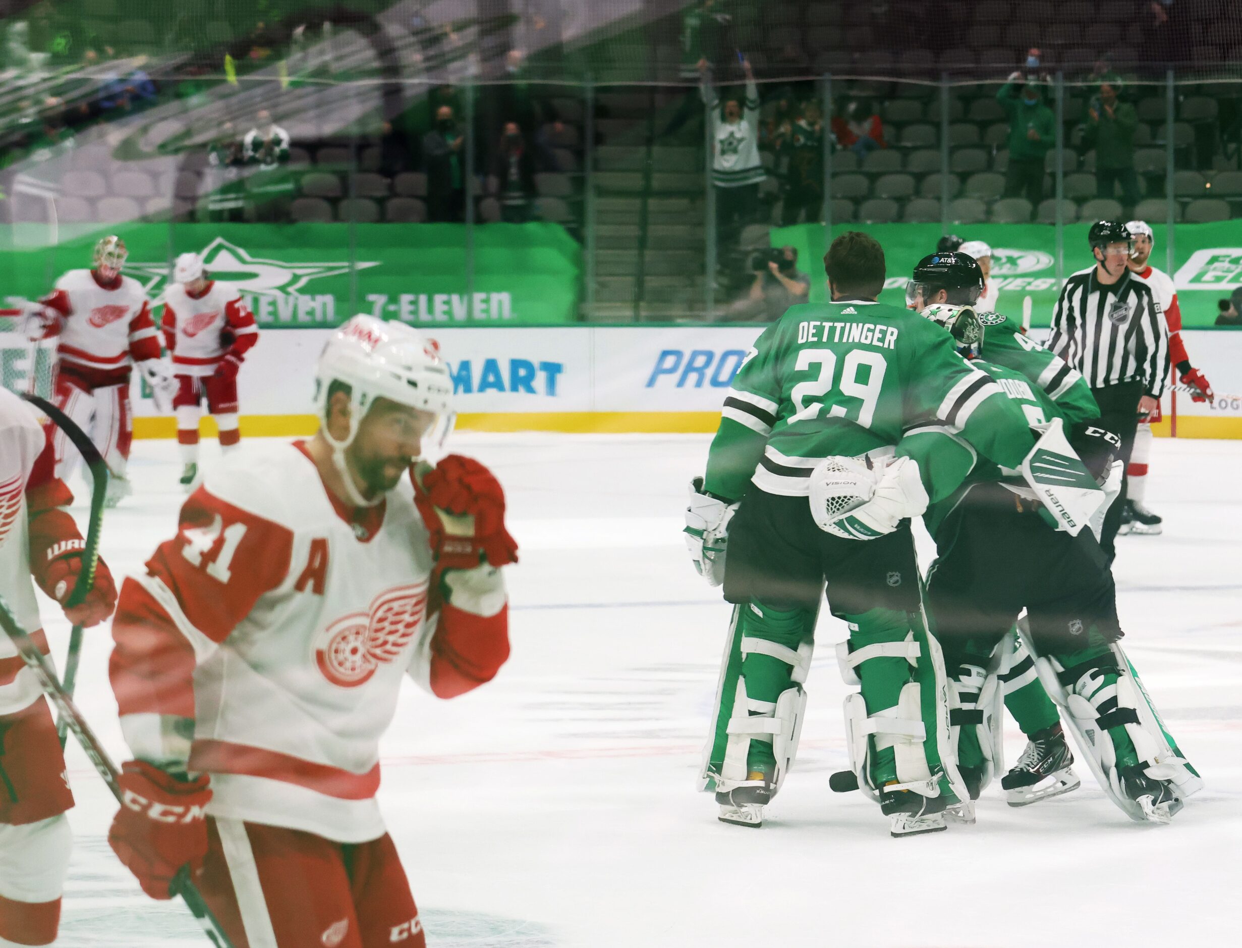 Dallas Stars goaltender Anton Khudobin (35) celebrates with Dallas Stars goaltender Jake...