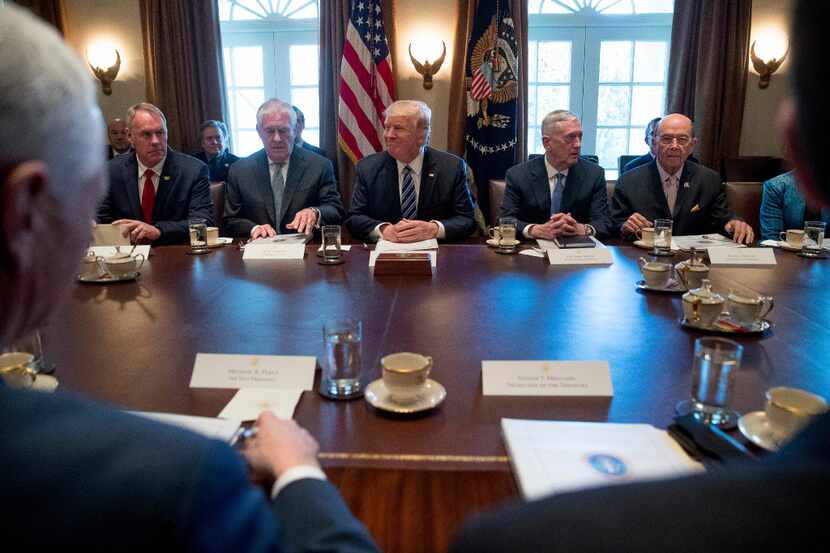 President Donald Trump meets with his Cabinet in the Cabinet Room of the White House in...