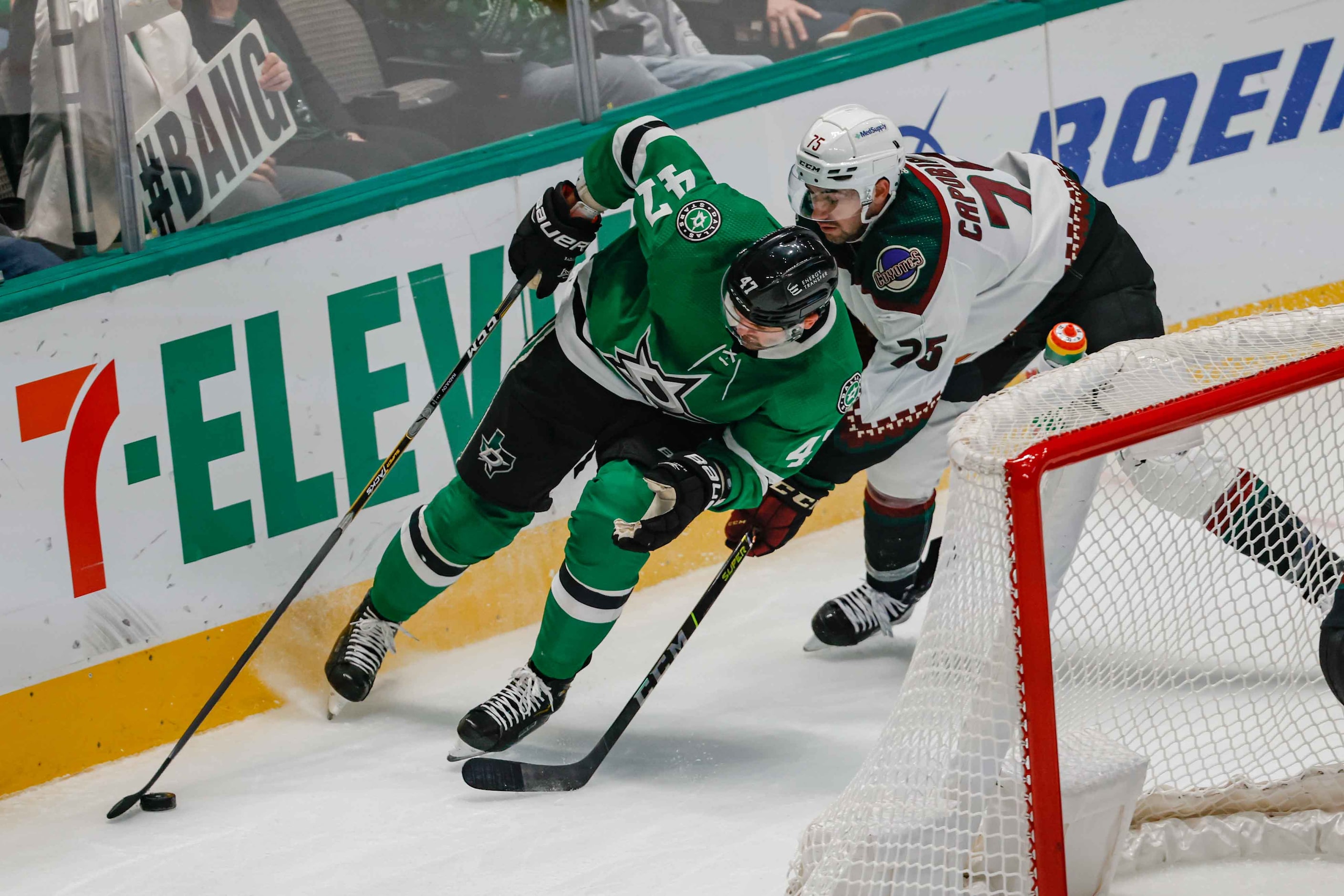 Dallas Stars right wing Alexander Radulov (47) stumbles next to Arizona Coyotes defenseman...