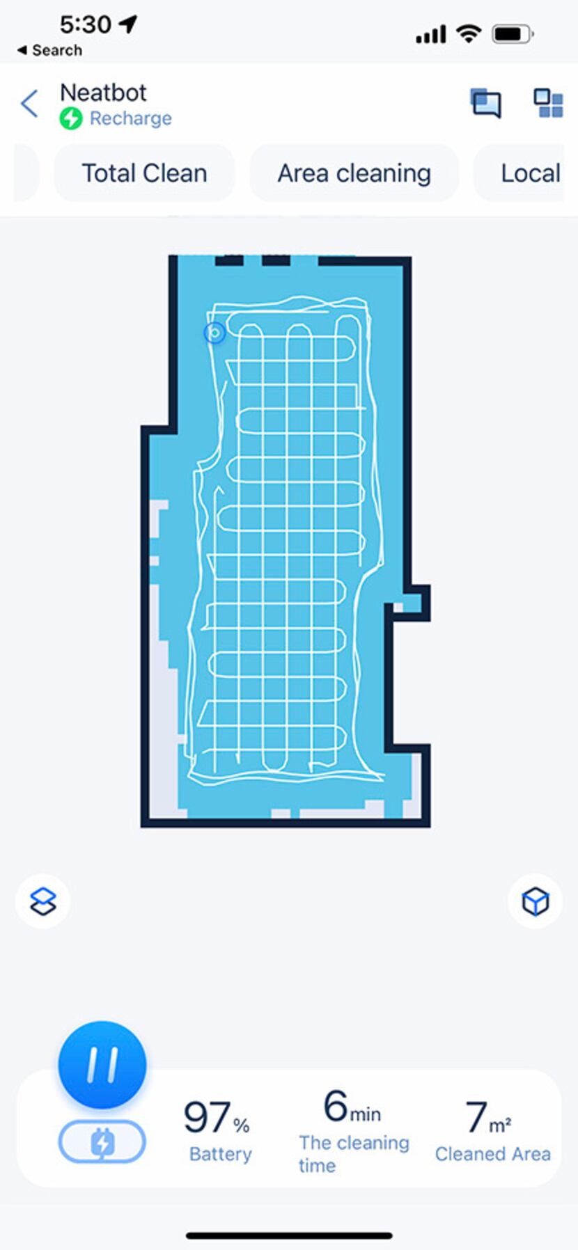 The Neabot app shows a map of your rooms and the route the vacuum takes in its cleaning.