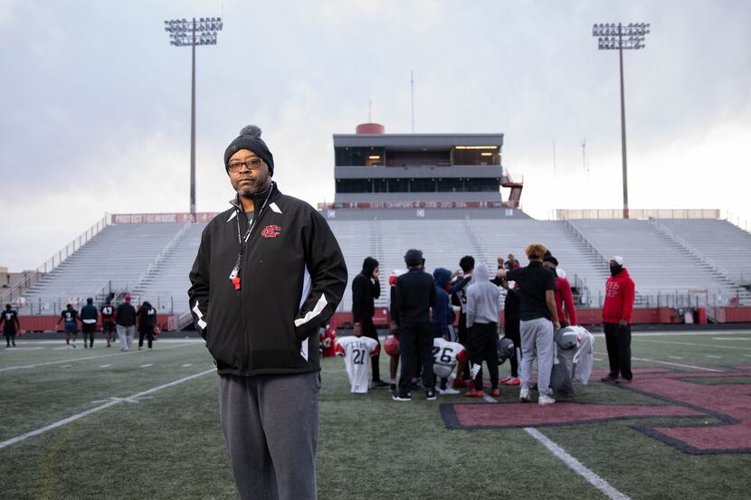 Cedar Hill coach Carlos Lynn poses for a photo following practice at Longhorn Stadium in...
