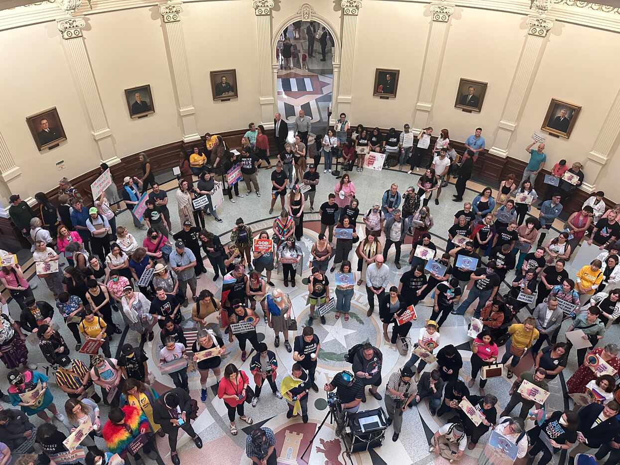 Protesters gather outside of the Texas House chamber on Tuesday, May 2, 2023 ahead of a vote...