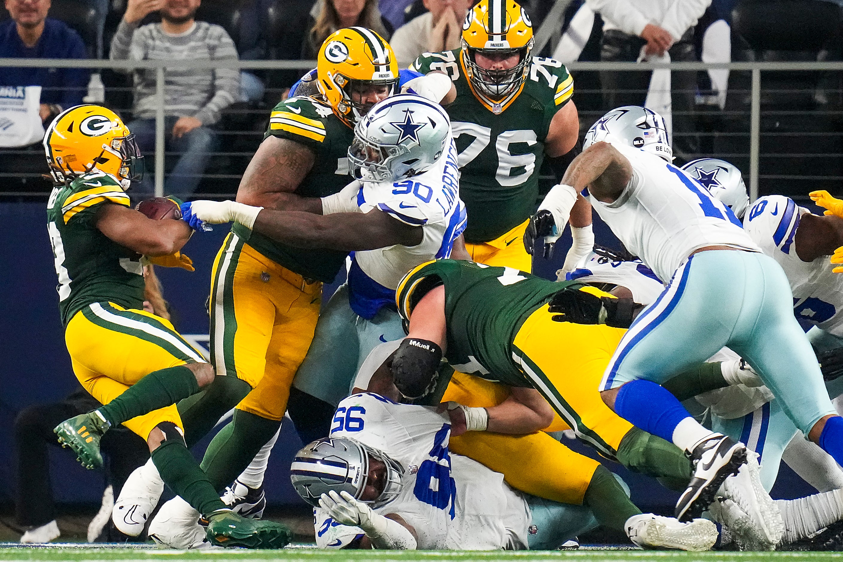 Green Bay Packers running back Aaron Jones (33) spins in the the end zone for a touchdown ...