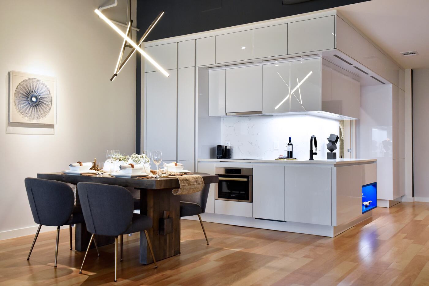 The kitchen area inside a model apartment for Bluelofts urban high-rise facilities in...