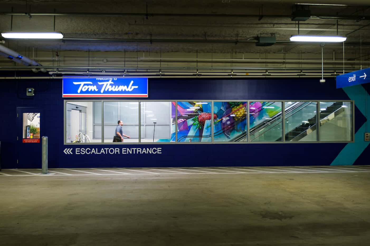 Parking garage entrance to the new Tom Thumb at the Union. The store has a special escalator...