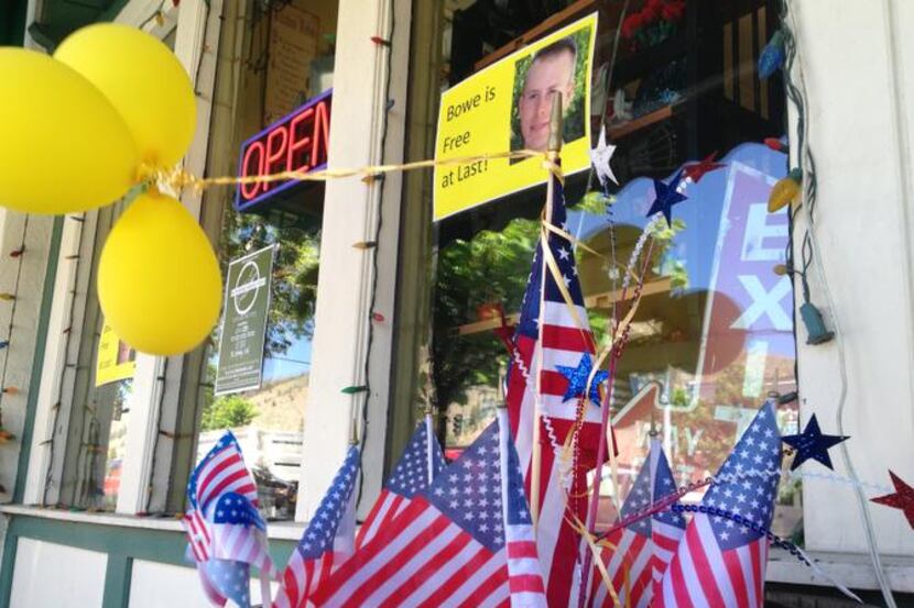 
Flags and balloons marking the release from captivity of Sgt. Bowe Bergdahl adorn the...