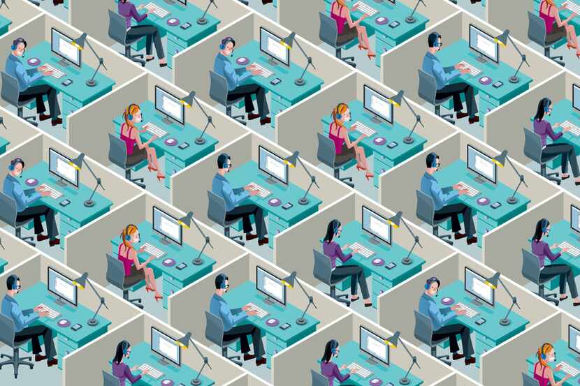 Isometric Office Cubicles. Men and women working with headset in a call center.