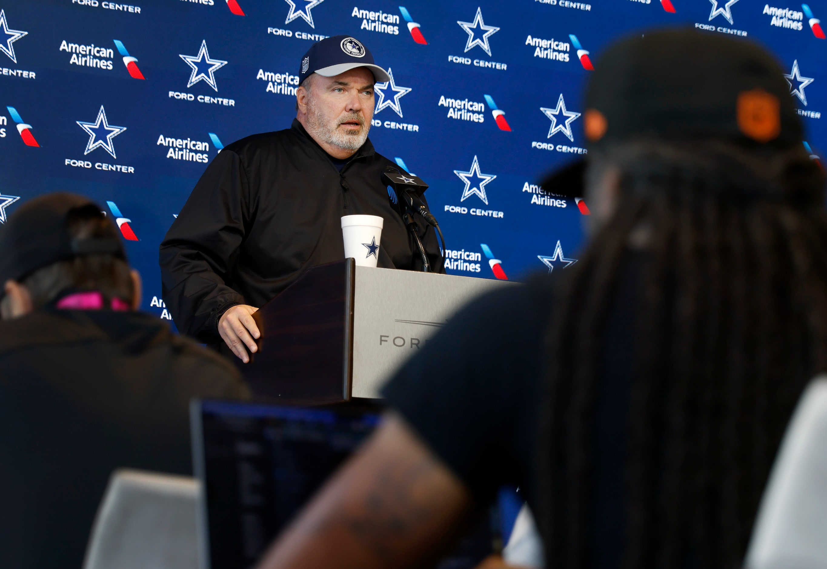 Dallas Cowboys head coach Mike McCarthy answered questions from reporters before a training...