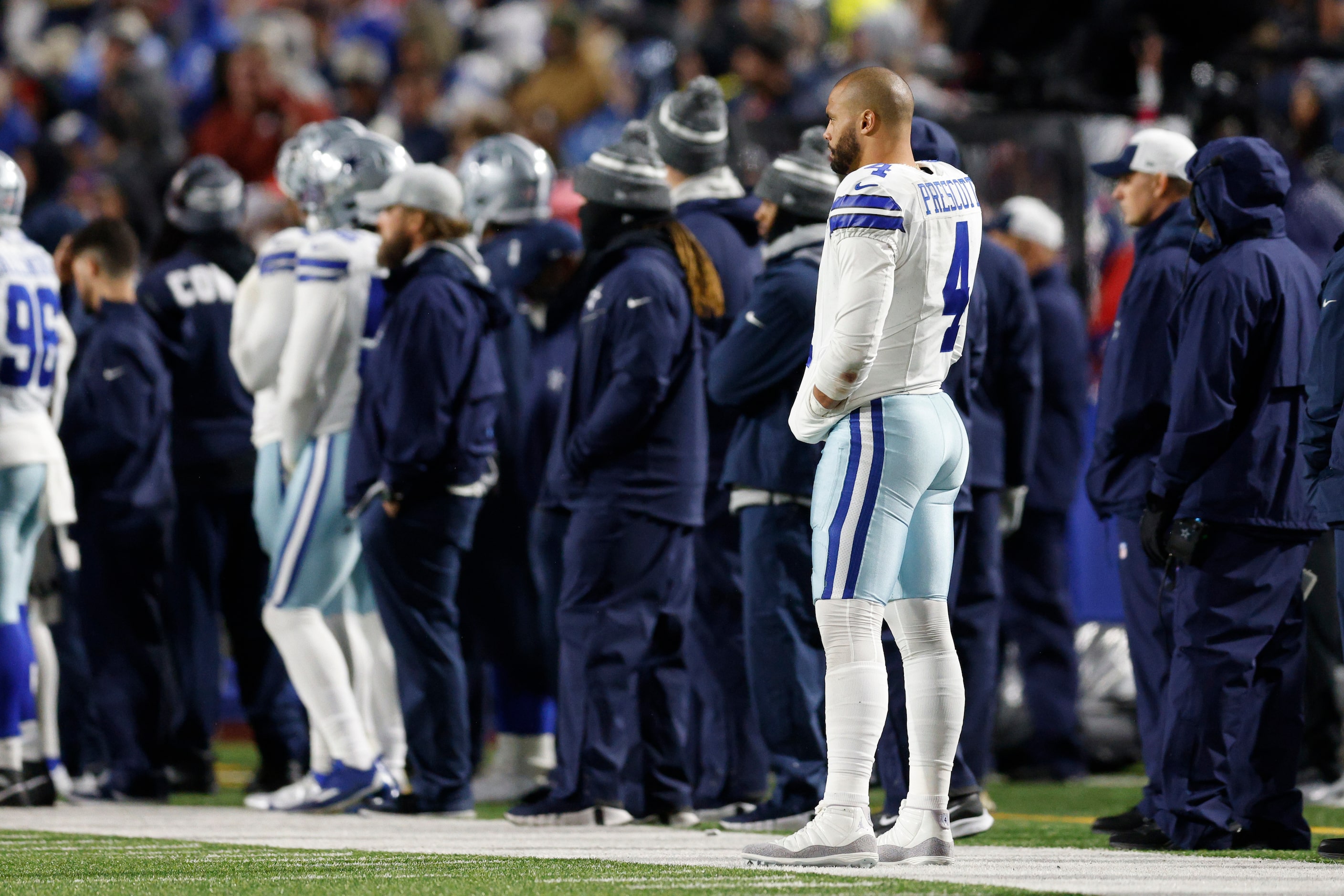 Dallas Cowboys quarterback Dak Prescott (4) watches the Buffalo Bills offense during the...