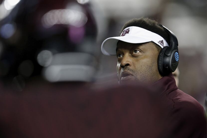 COLLEGE STATION, TX - OCTOBER 28:  Head coach Kevin Sumlin of the Texas A&M Aggies looks at...
