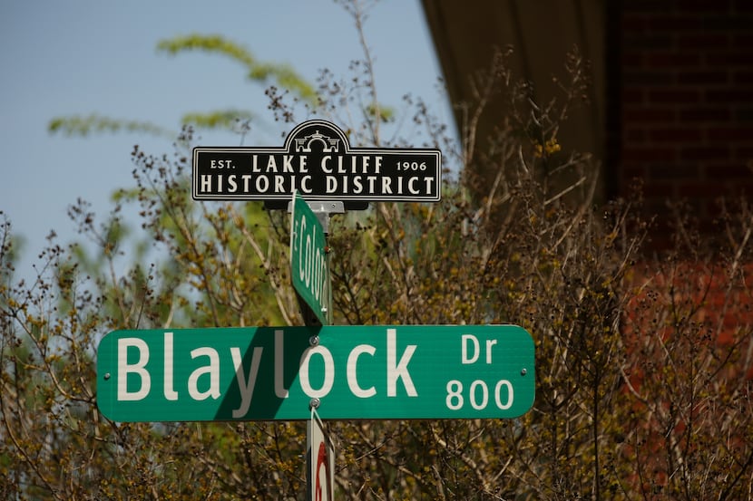 A street sign along Blaylock Drive near Colorado Boulevard designates the Lake Cliff...
