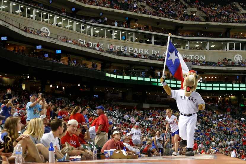Texas mascot "Rangers Captain" is pictured during the Oakland Athletics vs. the Texas...