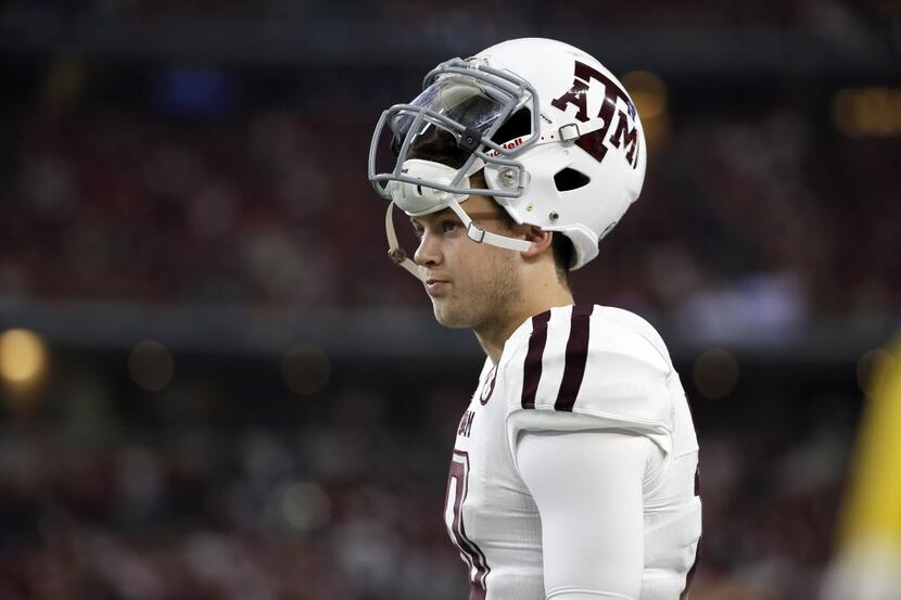 This Sept. 26, 2015 photo shows Texas A&M quarterback Kyle Allen standing on the sideline...
