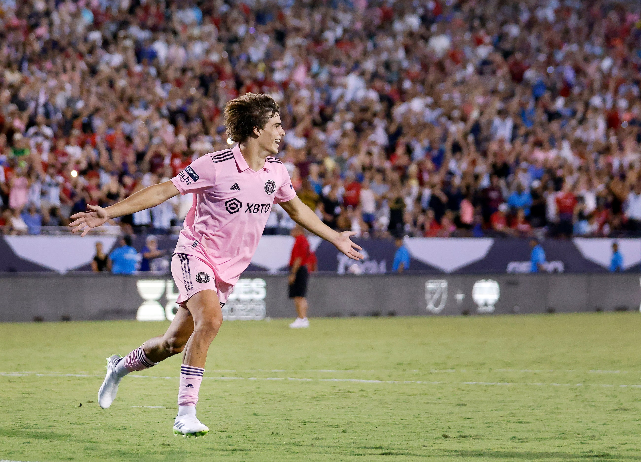 Inter Miami midfielder Benjamin Cremaschi (30) celebrates his winning shot during the...