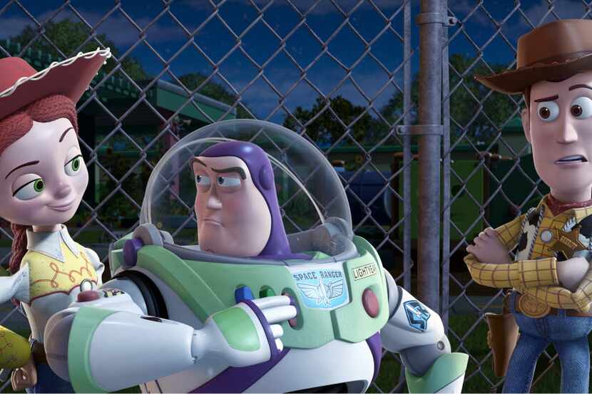 From left, Jessie, voiced by Joan Cusack, Buzz Lightyear, voiced by Tim Allen, and Woody,...