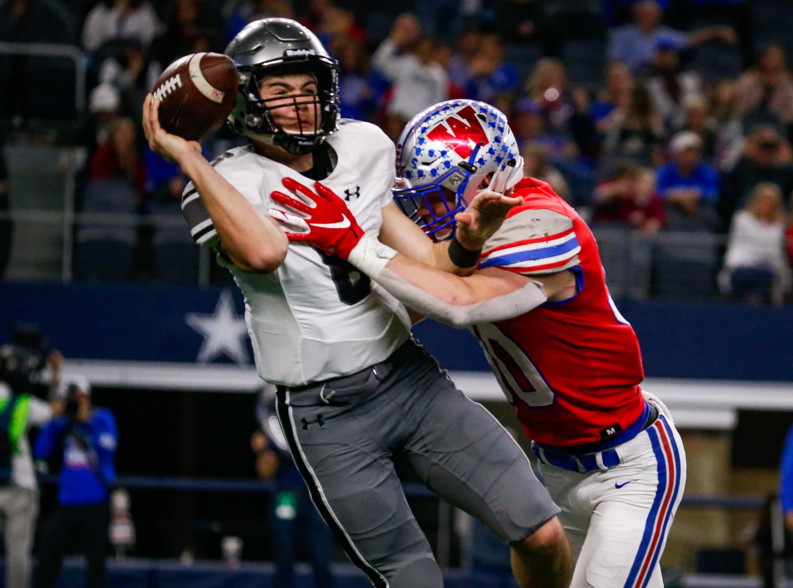 Denton Guyer's QB Jackson Arnold (6) is sacked in the fourth quarter of a Class 6A Division...