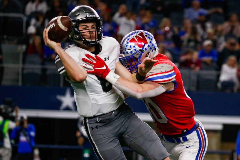 Denton Guyer's QB Jackson Arnold (6) is sacked in the fourth quarter of a Class 6A Division...