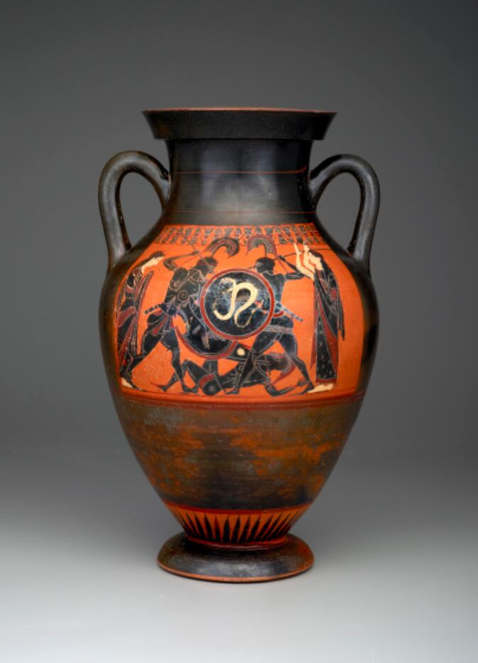 A black-figure panel amphora from the last quarter of the 6th century B.C. is among three...