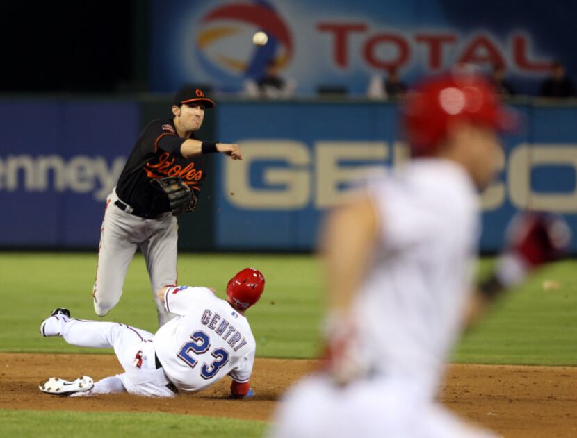 Baltimore Orioles second baseman Ryan Flaherty (3) starts a double play as Texas Rangers...