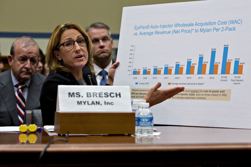 Heather Bresch, chief executive officer of Mylan NV, refers to a chart while speaking during...