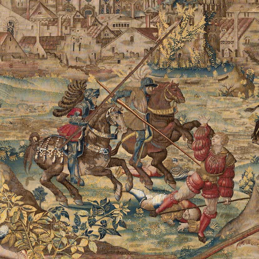This detail view shows the tapestry titled "The Sortie of the Besieged Imperial Troops from...