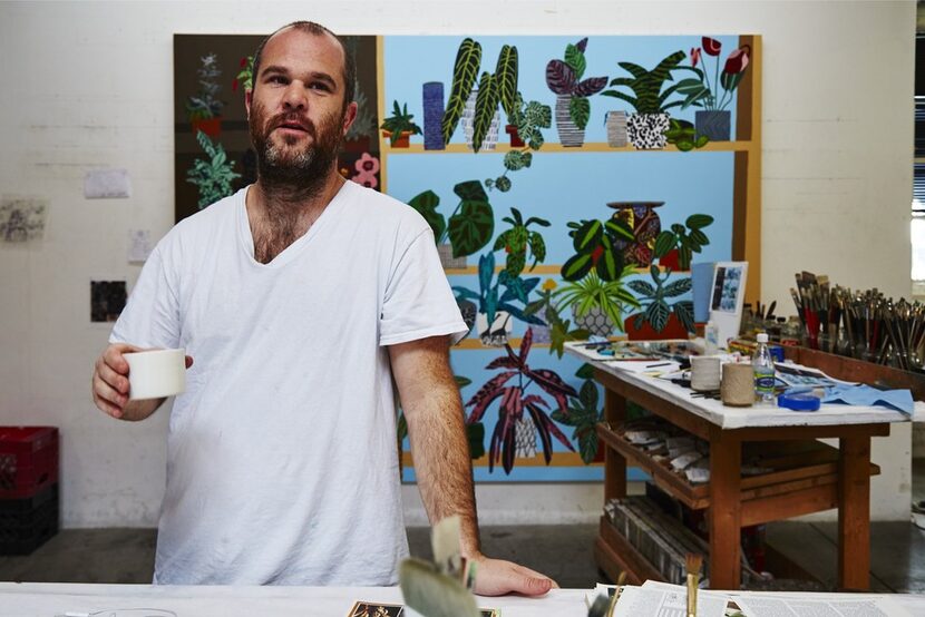 Artist Jonas Wood, in his studio.