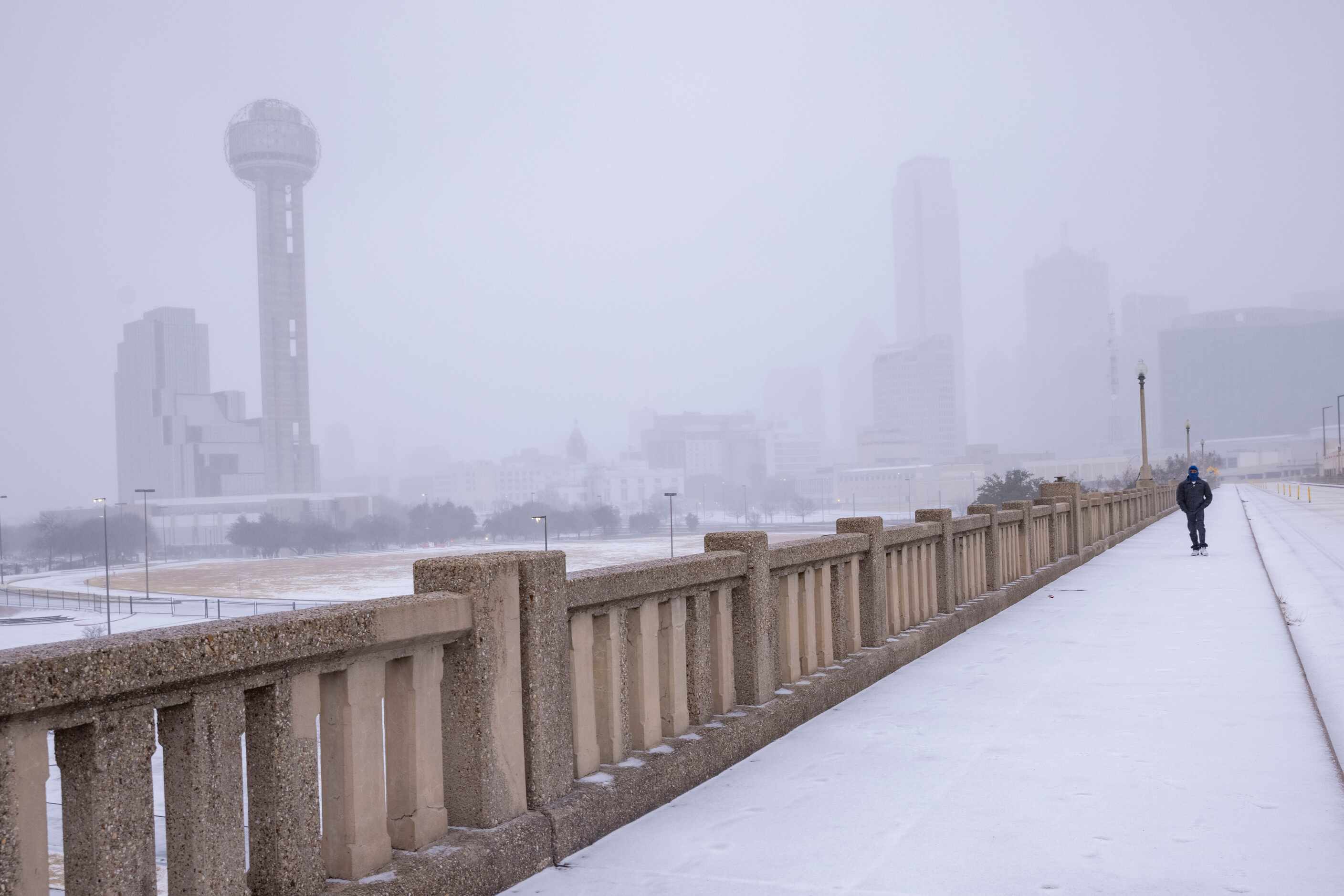 A view of downtown from the Houston St Viaduct as sleet falls on Thursday, Feb. 3, 2022, in...