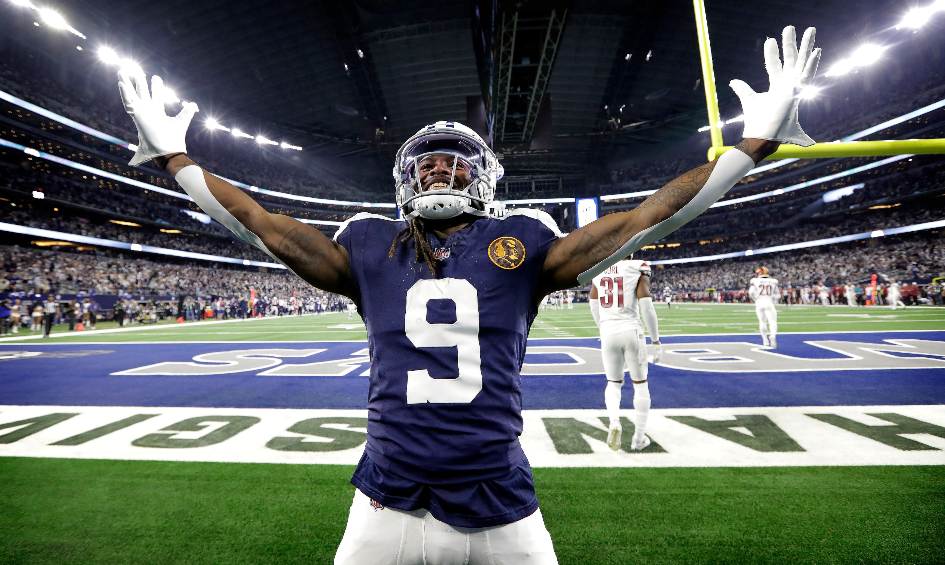 Dallas Cowboys wide receiver KaVontae Turpin (9) rejoices after scoring a fourth quarter,...