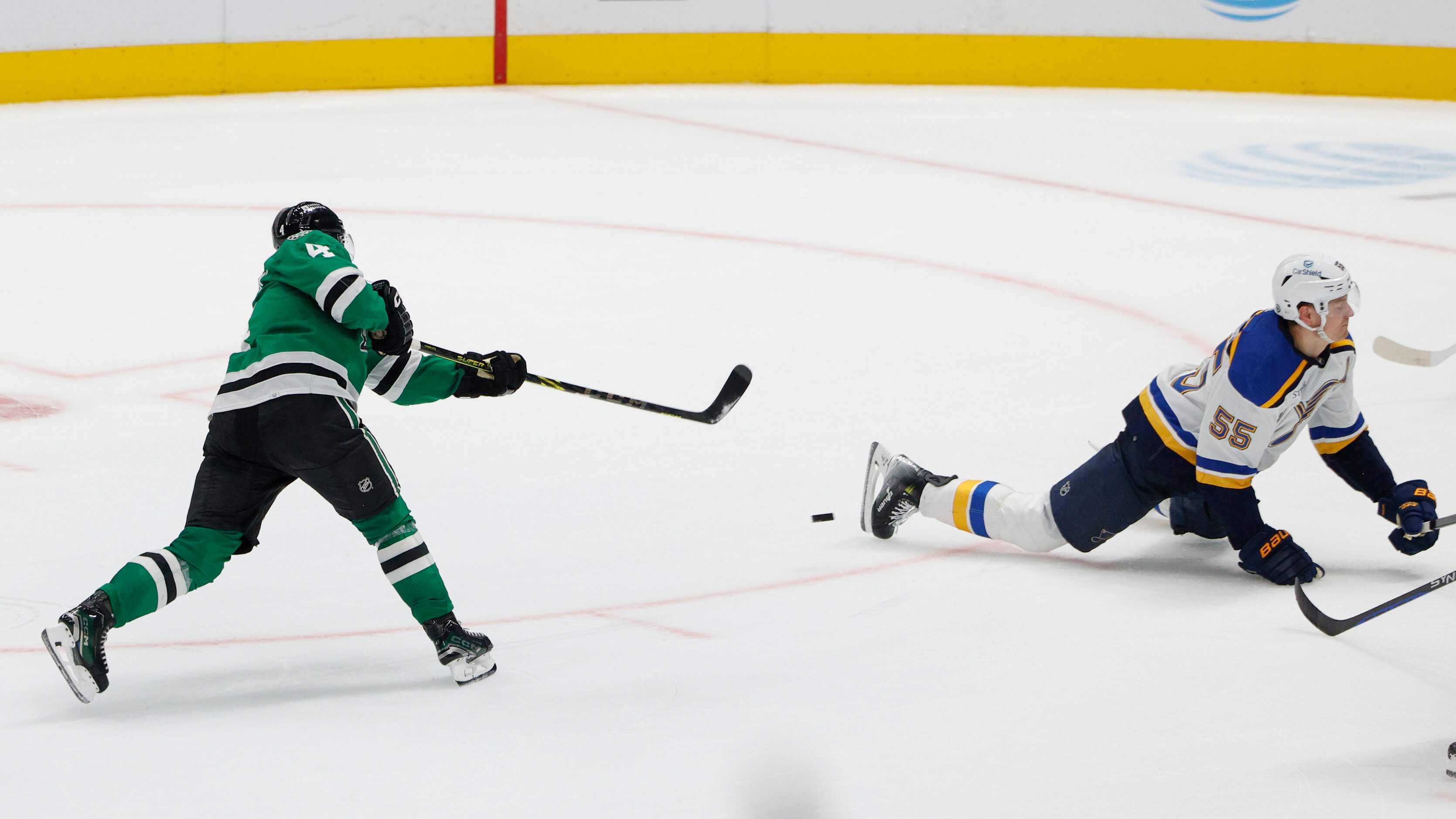 Dallas Stars defenseman Miro Heiskanen (4) shoots towards goal as St. Louis Blues defenseman...