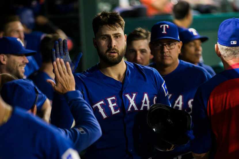 Texas Rangers center fielder Joey Gallo (13) celebrates a home run during the eighth inning...