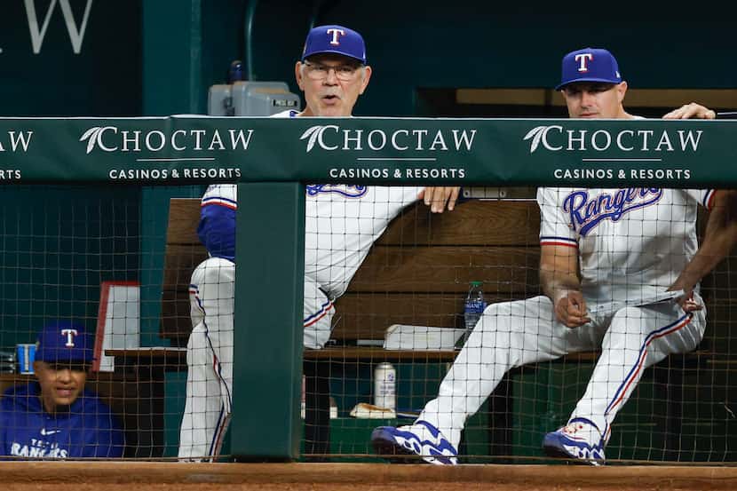 Texas Rangers manager Bruce Bochy watches play during the eighth inning against the Seattle...