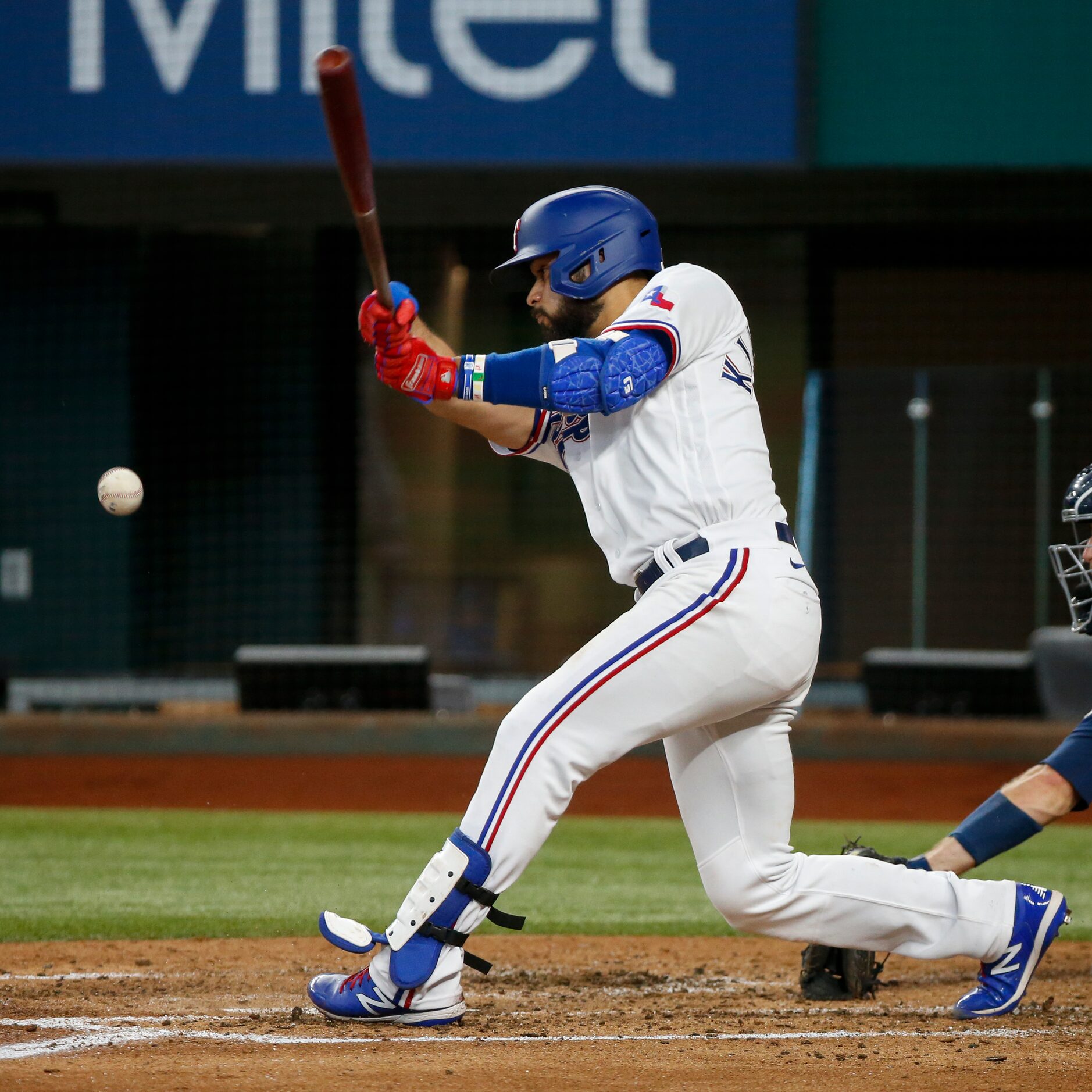 Texas Rangers shortstop Isiah Kiner-Falefa (9) fouls off a pitch during the third inning...