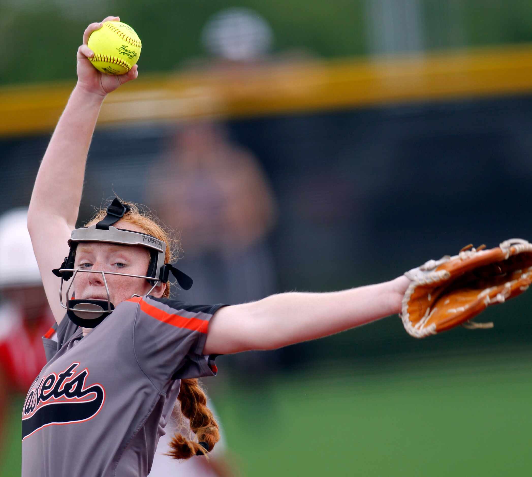 Rockwall pitcher Ainsley Pemberton (9) delivers a pitch to a Converse Judson batter during...