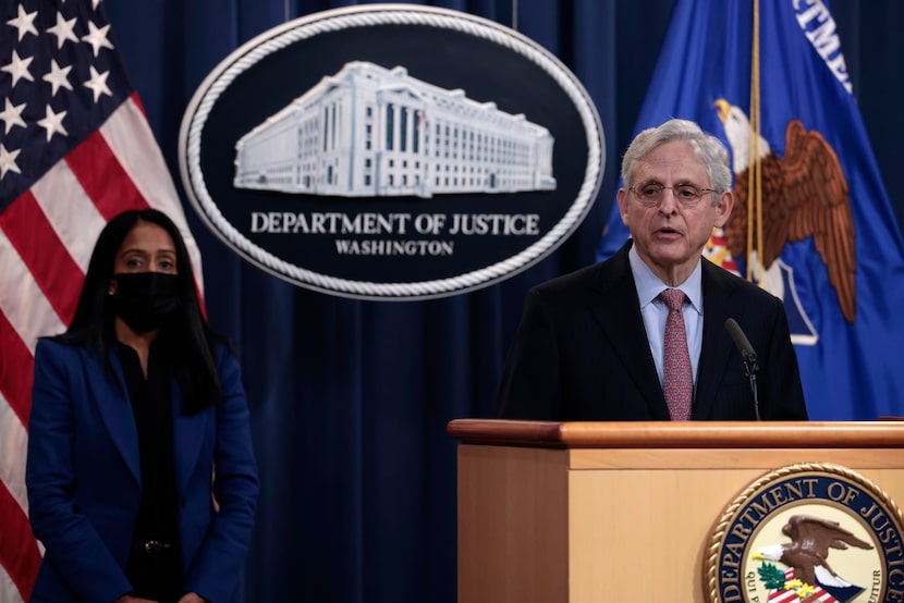 Attorney General Merrick Garland announces a Justice Department lawsuit Dec. 6, 2021,...