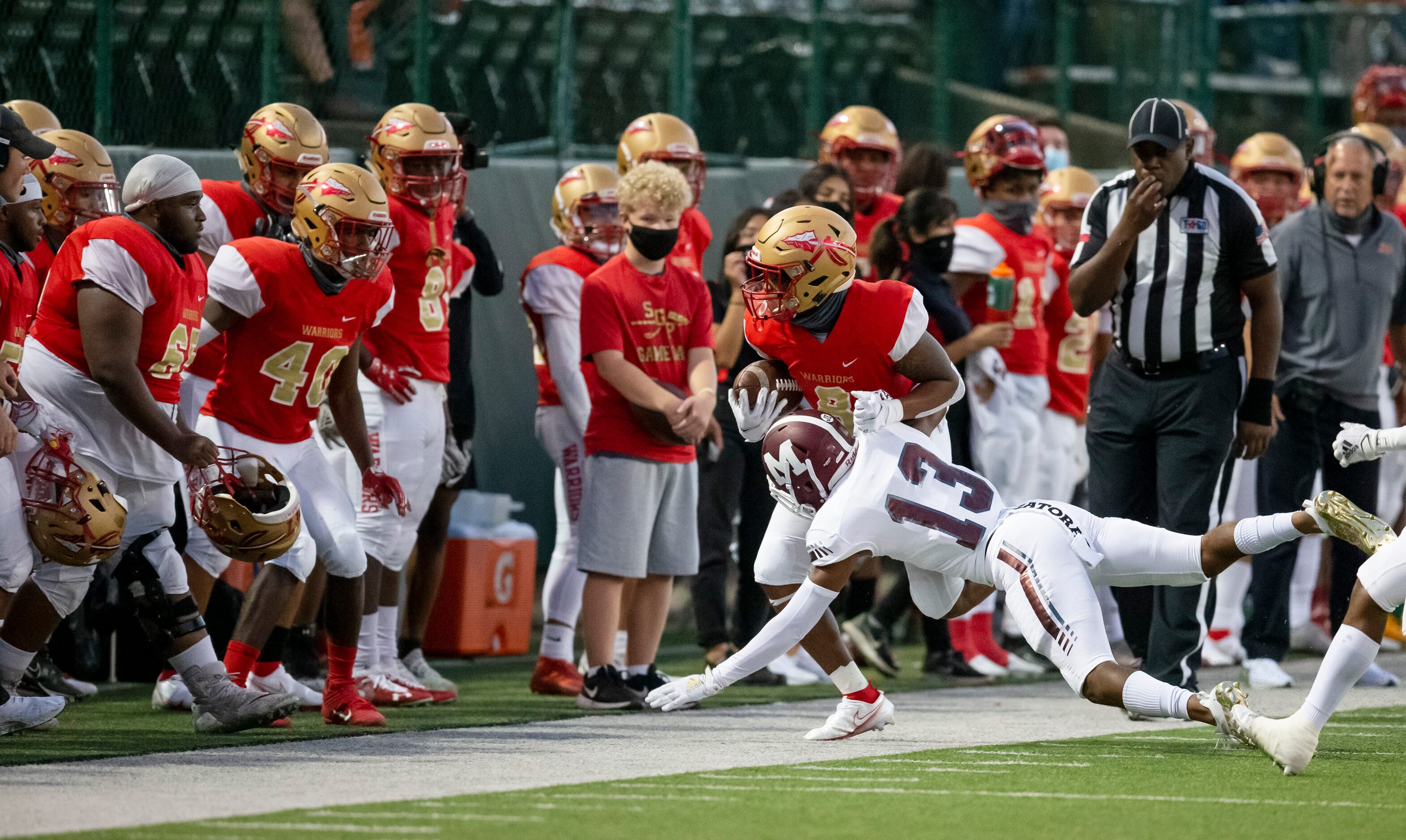 Mesquite senior defensive back Myron Montgomery (13) forces South Grand Prairie senior wide...