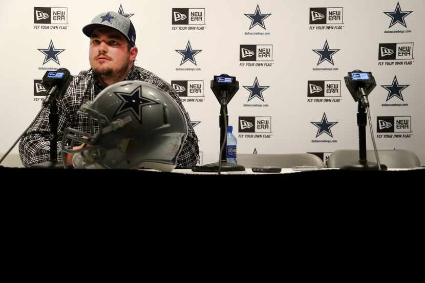 Dallas Cowboys first round pick Zack Martin talks with area media during a press conference...