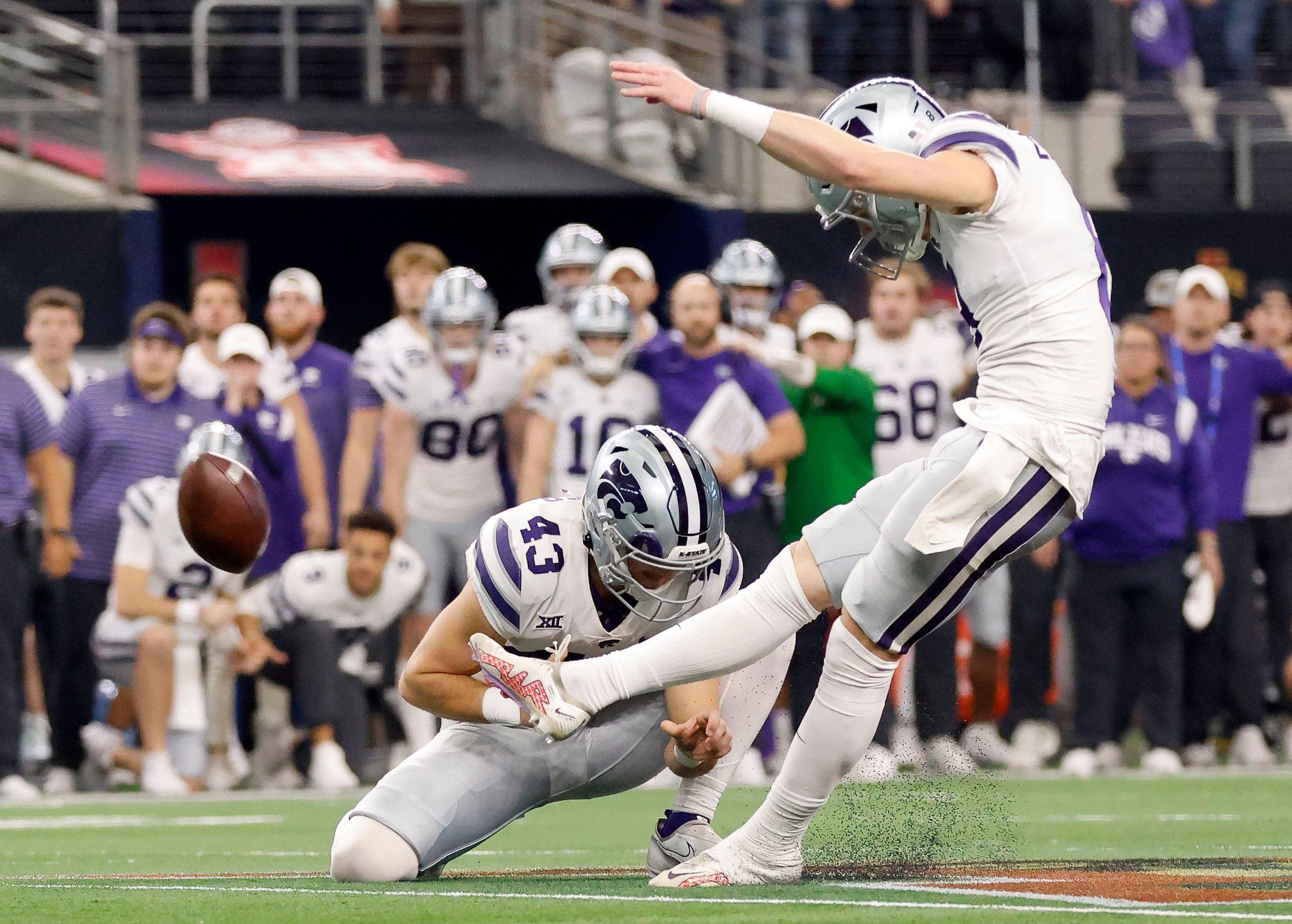 Kansas State Wildcats kicker Ty Zentner (8) kicks the winning field goal in overtime to win...