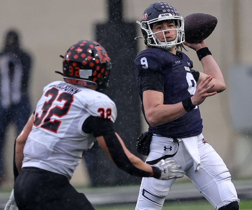 Denton Ryan quarterback Quin Henigan (9) tries to get off a pass against Aledo linebacker...