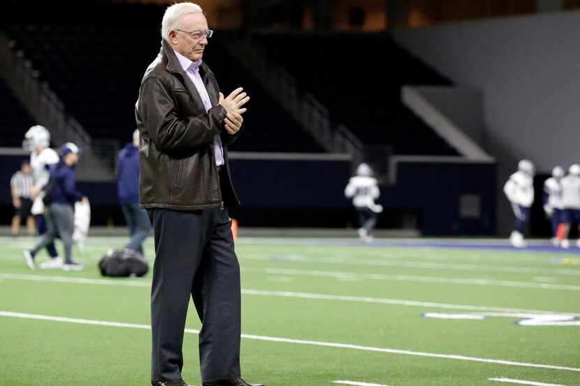 FILE - Cowboys owner Jerry Jones watches a practice at The Star in Frisco on Wednesday, Jan....