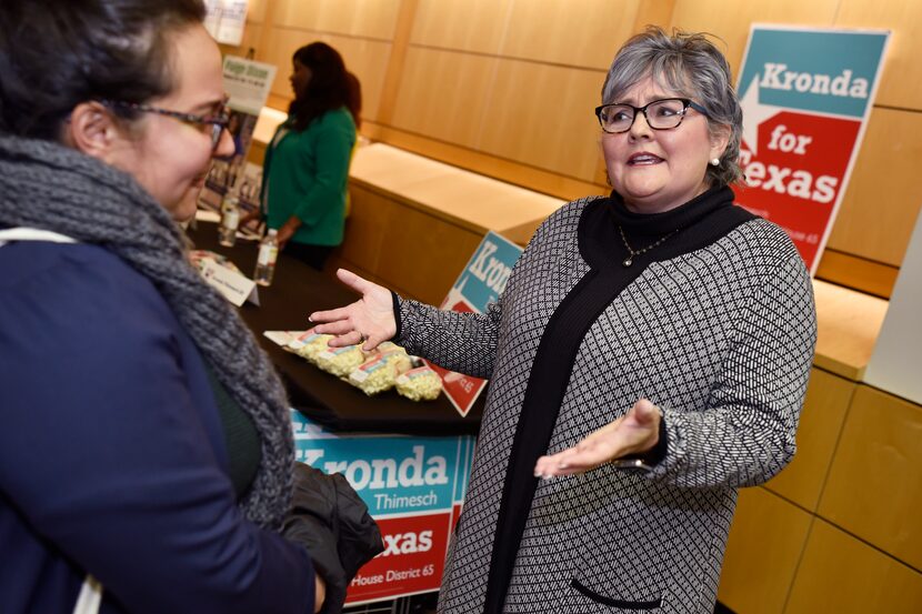 Candidate Kronda Thimesch (right) meets with voter Yasmin Agudelo, of Carrollton, after a...